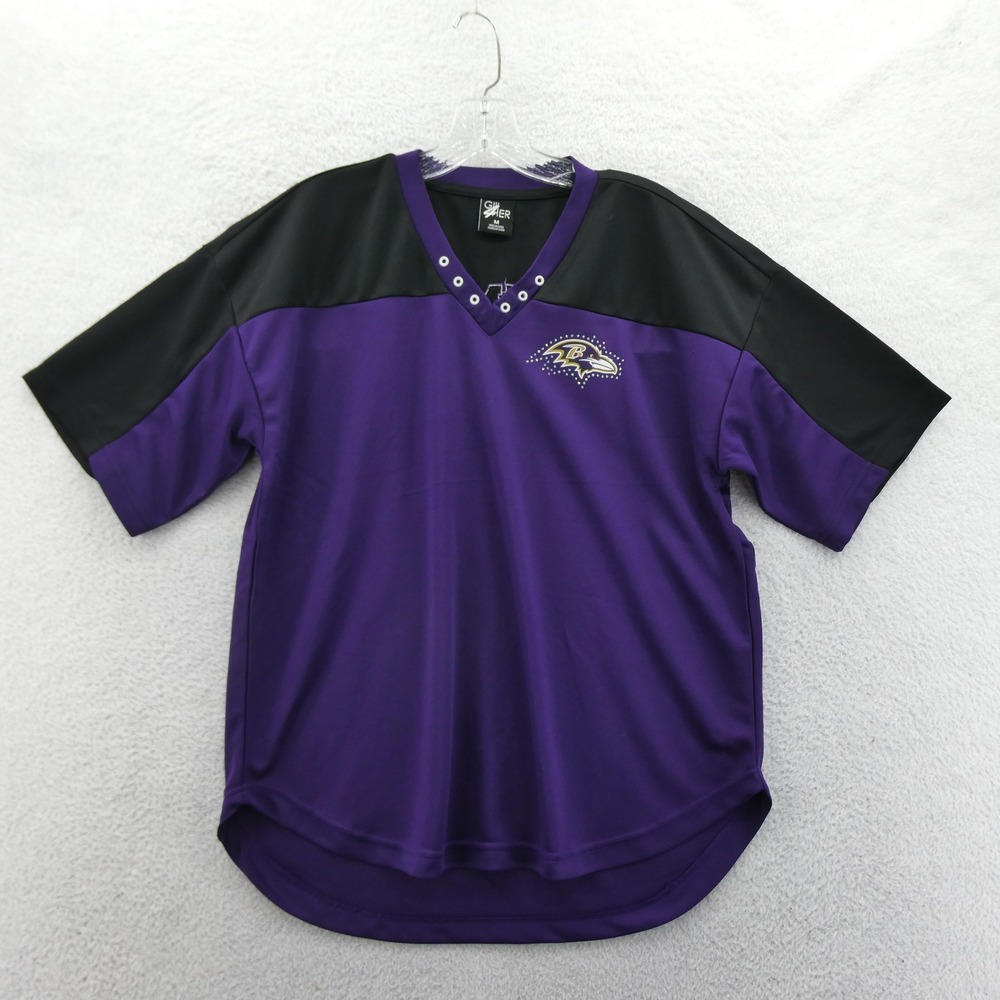 GIII Jersey Women Medium Baltimore Ravens Purple Black Rhinestone V-Neck Top NFL